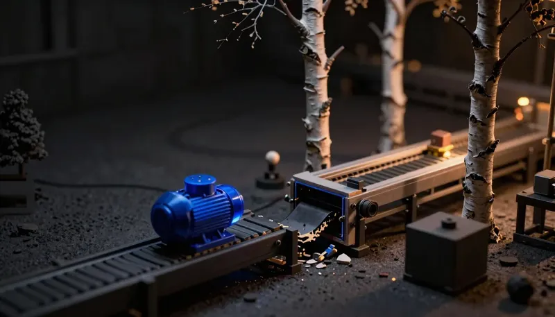 A birch assembly line stops at a broken conveyor gap with a stalled gadget and a dim glowing blue motor housing, representing why AI projects fail.