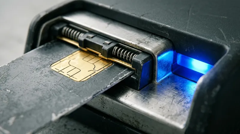 A card reader's contact block with a chip card seated, gold contacts, blue authorisation light.