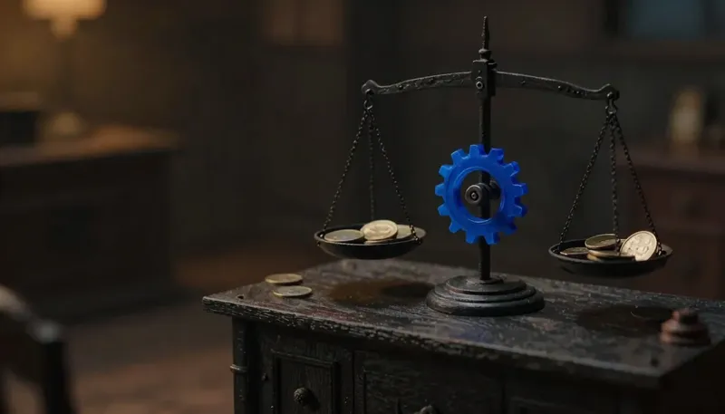 A miniature balance scale jammed by rounded coins with a glowing blue replacement gear fixing the pivot, showing why money math needs whole units, not floats.
