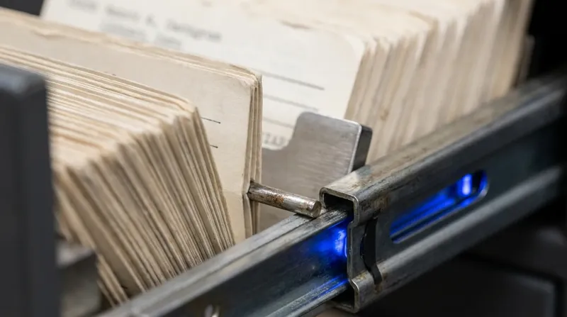 A library card catalogue drawer pulled open, index cards fanned upright, blue light along the rail.