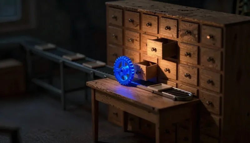 A miniature library desk with an empty tray arriving past the correct drawer, a glowing blue junction gear marking the misaligned conveyor that causes wrong RAG answers.