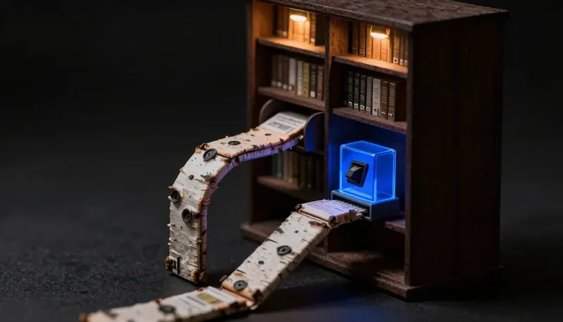 A miniature mailroom shows a glowing blue selector switch choosing between a shredder path and an archive loop-back, illustrating that a contract term decides whether data gets kept for training.