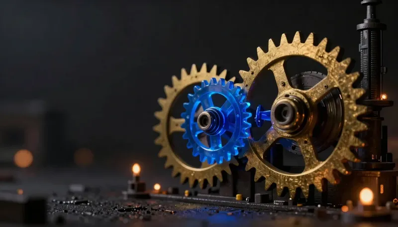 Two brass gears mesh unevenly, with one reshaped gear glowing blue and no longer fitting, representing automation breaking when an API changes.