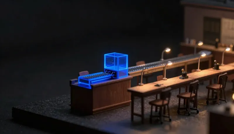 A miniature judging bench lines up simple conveyor workstations beside one glowing blue multi-station handoff mechanism, showing the difference between a basic workflow and a real agent build.