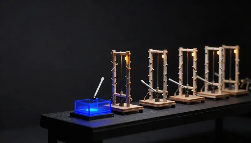 Five miniature mechanical frameworks on a test bench with only one lever connected to a glowing blue catch tray, ranking AI agent frameworks by what happens when they fail.