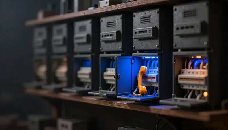 Miniature night diorama: a shelf row of small competing machine housings above open breaker panels, one open housing cradling an amber handset, cobalt conduit behind