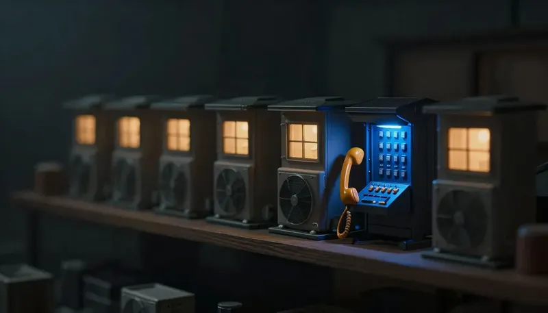 Miniature night diorama: a shelf row of small competing machine housings above miniature rooftop HVAC units, one open housing cradling an amber handset on a cobalt switchboard