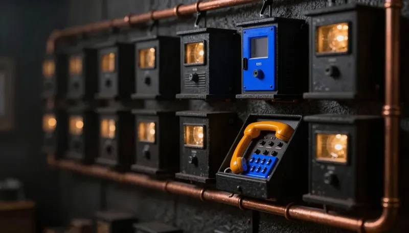 Miniature night diorama: a shelf row of small competing machine housings above a copper-pipe wall, one open housing cradling an amber handset on a cobalt switchboard