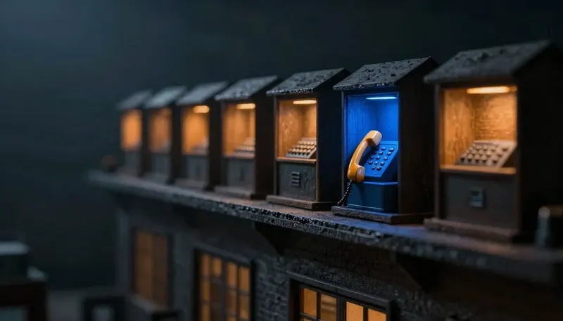 Miniature night diorama: a shelf row of small competing machine housings above a storm-lit miniature roofline, one open housing cradling an amber handset on a cobalt switchboard