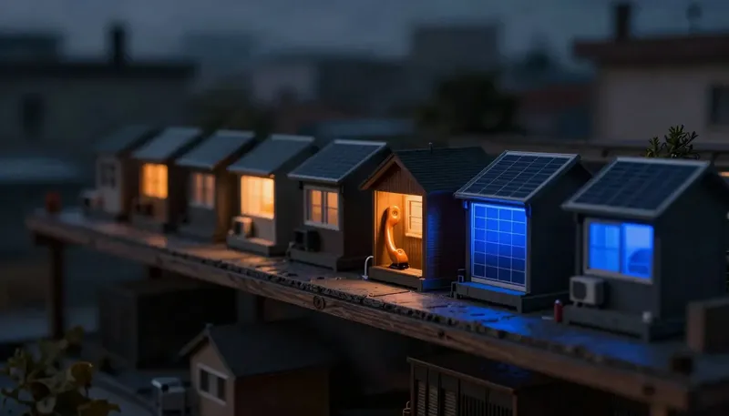 Miniature night diorama: a shelf row of small competing machine housings above a rooftop solar array at dusk, one open housing cradling an amber handset, one panel string cobalt