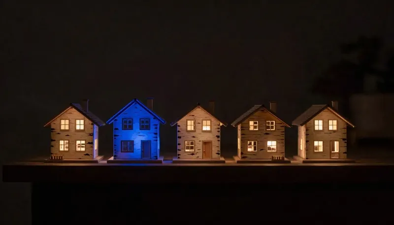 A row of five house-model kits with different roofs sits on a shelf, with one kit's walls glowing blue to mark the top-ranked AI app builder.