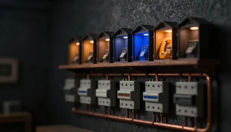 Miniature night diorama: a shelf of small competing machine housings above a workshop wall of copper pipe runs and open breaker panels, one open housing cradling an amber telephone handset on a cobalt switchboard.