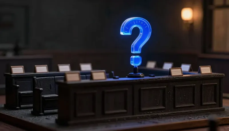 A miniature bench lines up unattended nameplates facing a glowing blue question gauge, showing a page built to answer buyer questions rather than rank agencies by name.