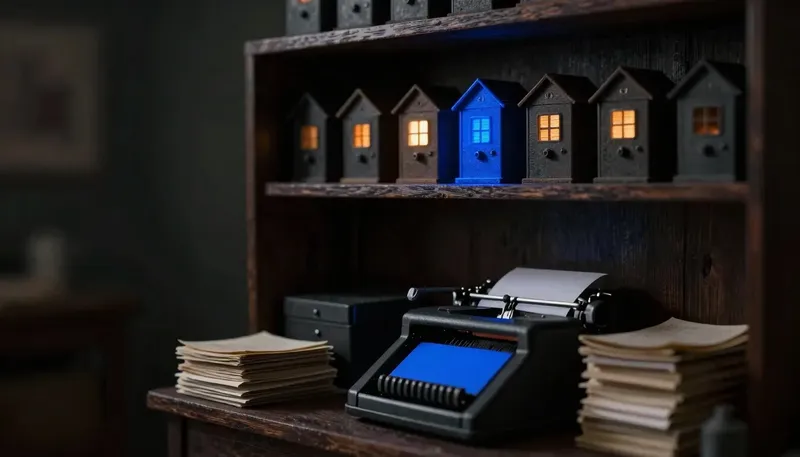 Miniature night diorama: a shelf row of small competing machine housings above an adding machine and ledger stacks, one open housing with a cobalt scanner bed