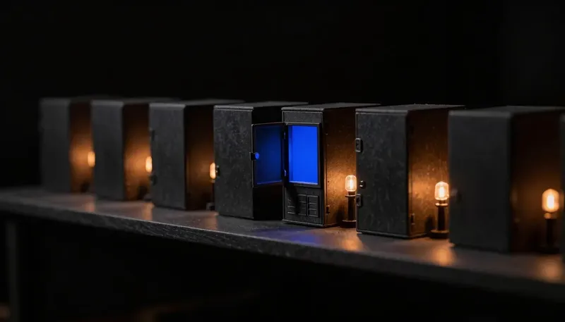 Miniature night diorama: a shelf row of small competing machine housings above a desk of policy binders and a document carousel, one open housing with a cobalt document rail