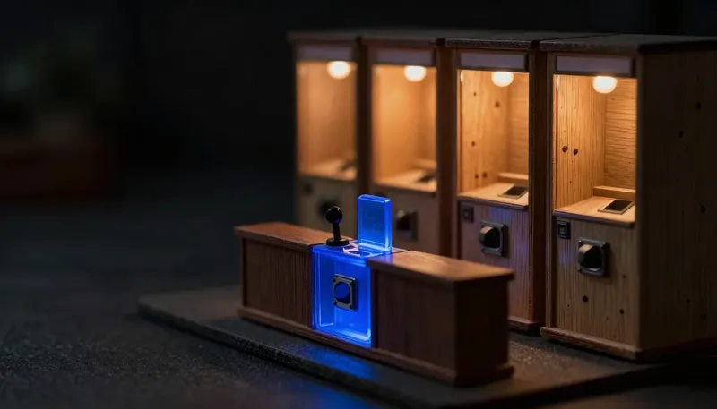 A miniature judging bench lines up terminal booths with one glowing blue escalation lever added, showing what to ask about what a chatbot is never allowed to answer alone.