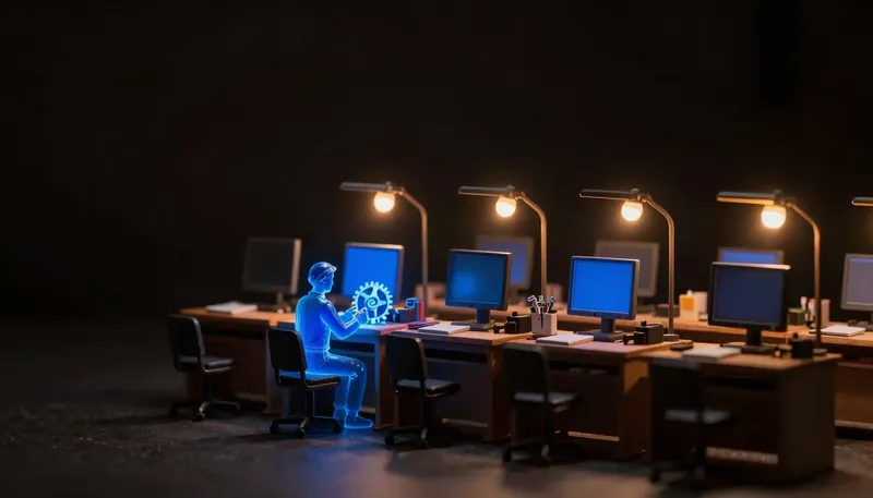 A row of faceless wooden figurines assemble gear mechanisms at workbenches, with one glowing blue completed mechanism marking the most reliable AI coding agent.