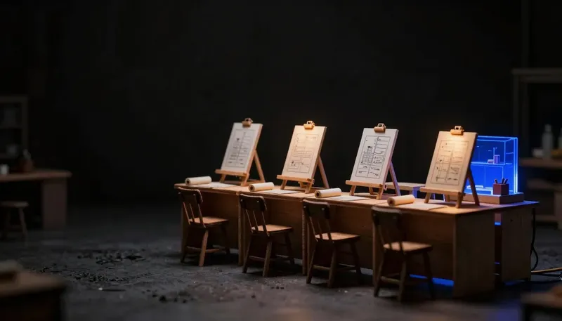 A miniature judging bench compares consulting-firm stalls that only hold blueprints against one stall with a working workshop bay in glowing blue acrylic behind it, showing who builds versus who just advises.