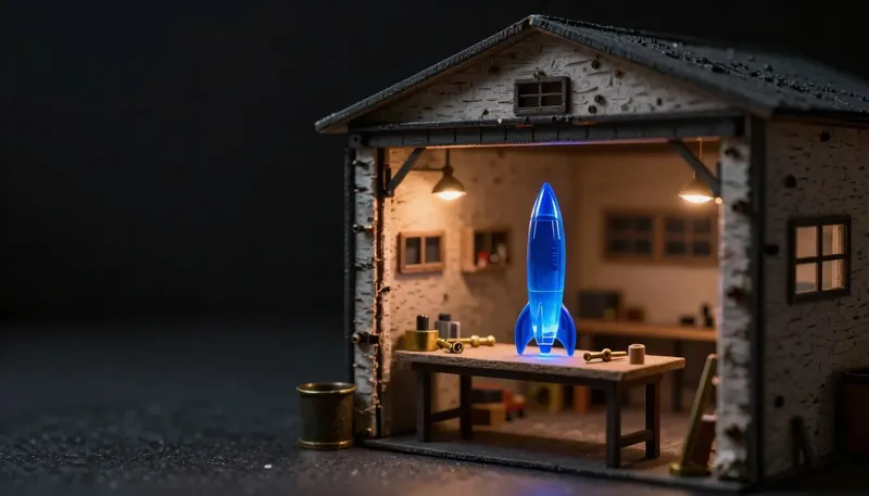 A garage workshop holds a rocket model on the bench with a glowing blue engine nozzle, representing AI development companies built for startups.