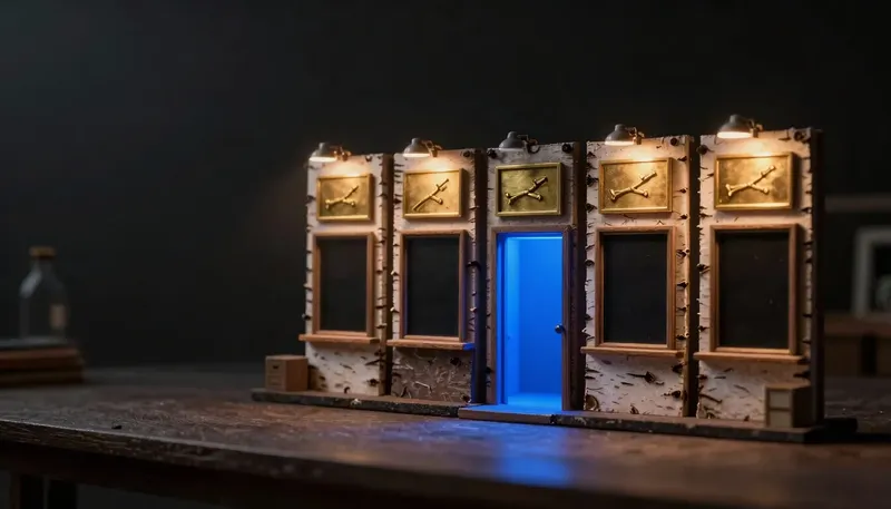 A row of workshop facades with brass toolmarks lines up, with one glowing blue doorway marking the top-ranked AI development company.