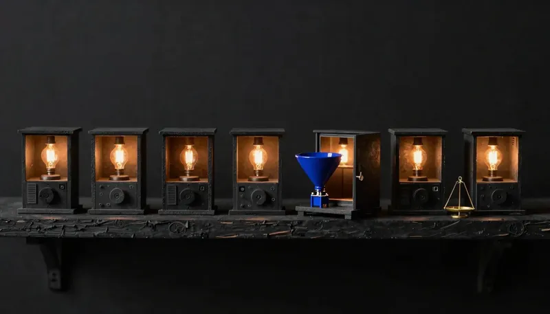 Miniature night diorama: a shelf row of small competing machine housings above brass scales and case files, one open housing with a cobalt intake funnel