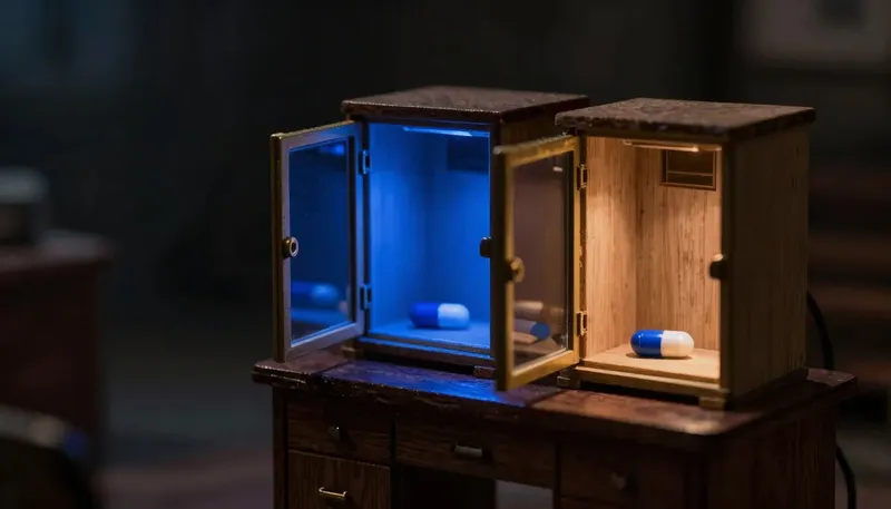 A miniature pair of pneumatic-tube phone terminals shows one, in glowing blue acrylic, actively routing a capsule while the plain birch one sits jammed, comparing phone-answering services by what happens on the call.
