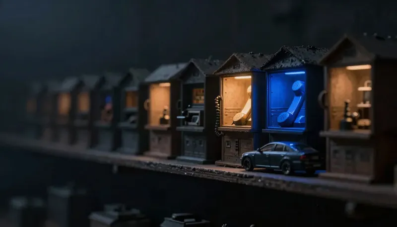 Miniature night diorama: a shelf row of small competing machine housings above a miniature car on a lift, one open housing holding a warm-glowing telephone handset on a cobalt cradle