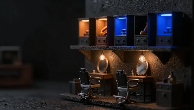Miniature night diorama: a shelf row of small competing machine housings above a barber chair and bulb-ringed mirror, one open housing cradling an amber handset, one cobalt strip light