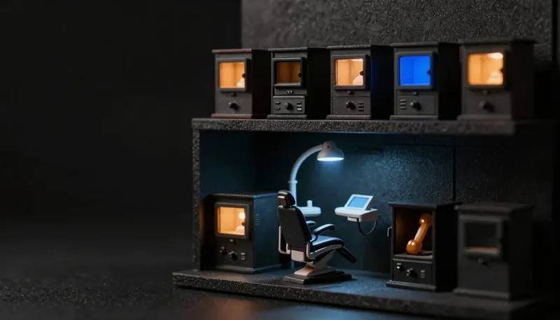 Miniature night diorama: a shelf row of small competing machine housings above a dental operatory chair vignette, one open housing cradling an amber handset, cobalt imaging arc behind