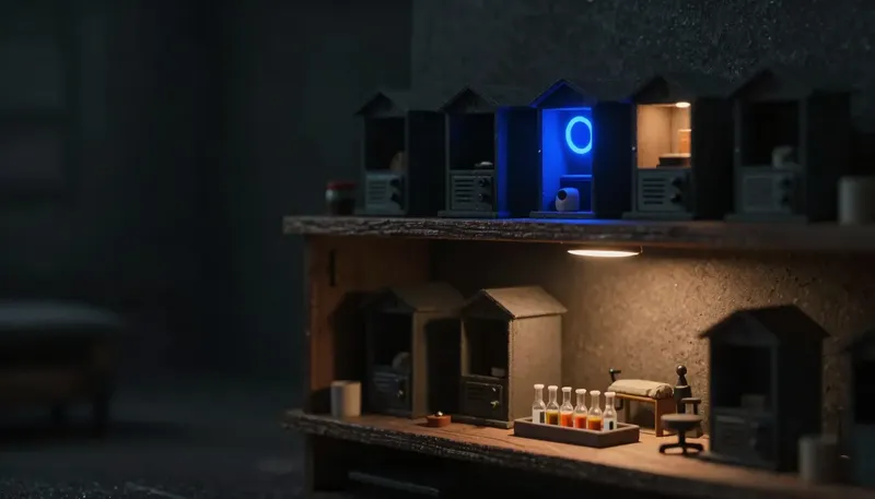 Miniature night diorama: a shelf row of small competing machine housings above a softly lit treatment room vignette with a vial tray, one open housing with a cobalt ring light