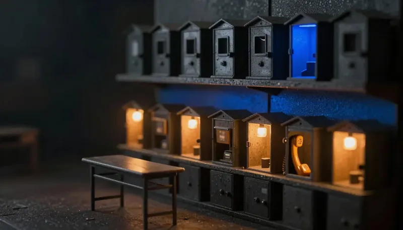 Miniature night diorama: a shelf row of small competing machine housings above an exam table and kennel bank with amber lamps, one open housing cradling an amber handset, cobalt panel behind