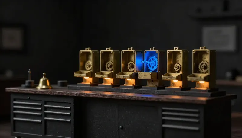 Miniature night diorama: six brass shop machines shelved over a counter and tool chest, one opened with a cobalt gear train.
