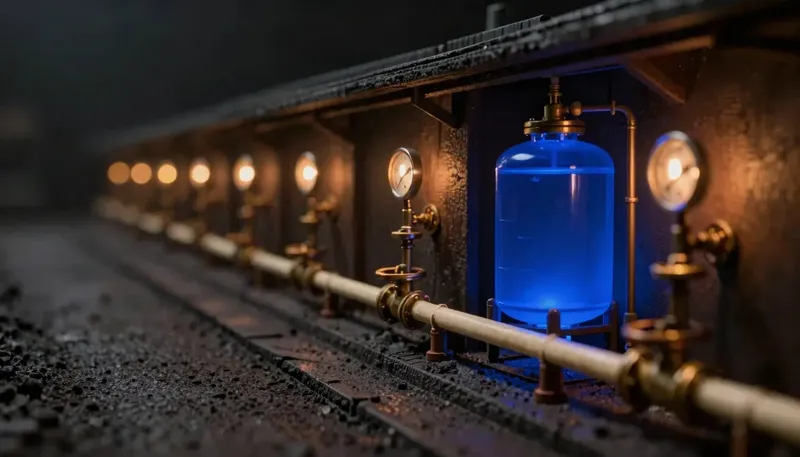 A miniature plumbing corridor of pipes feeds into a holding tank built in glowing blue acrylic, showing a backend built to survive long jobs rather than break on the first pipe.
