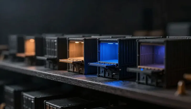 Miniature night diorama: a shelf row of small competing machine housings over a miniature cross-dock of containers, one housing open showing a cobalt billing rail