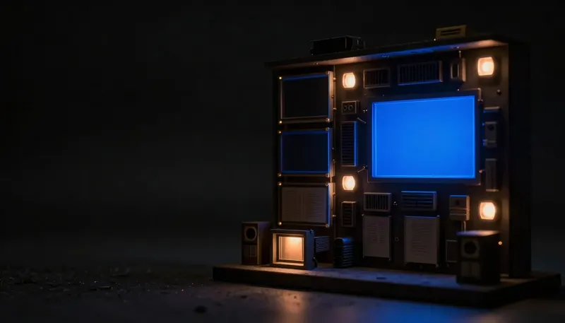 A faceless wooden figurine holds a glowing blue angular module up to the light at a workbench, representing an agency building with the Claude model.