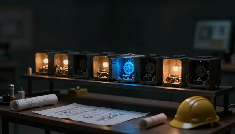 Miniature night diorama: six small machine housings shelved above a plan table and hard hat, one opened glowing cobalt.