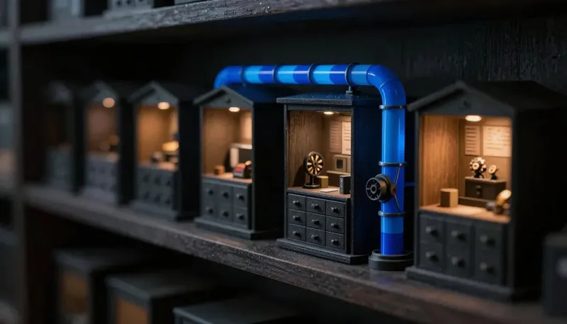 Miniature dark diorama of small workshop housings with card-index drawers linked by a glowing cobalt pipeline