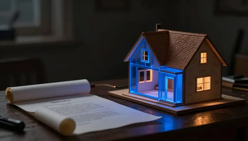 A miniature drafting table pairs a pinned contract scroll with a half-built model house whose framed room glows blue, showing how the contract shapes what actually gets built.
