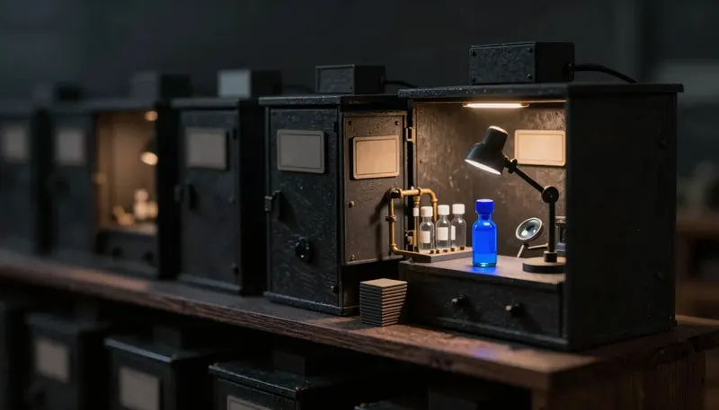 Miniature dark diorama of open machine cabinets with brass pipes feeding glass vials, one cobalt-blue vial under a bench lamp