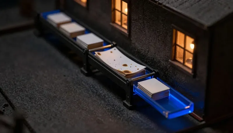 A miniature paper feed tray runs stained and torn sheets into a roller gate built in glowing blue acrylic, showing how document parsing quality starts at the first pass through the machine.