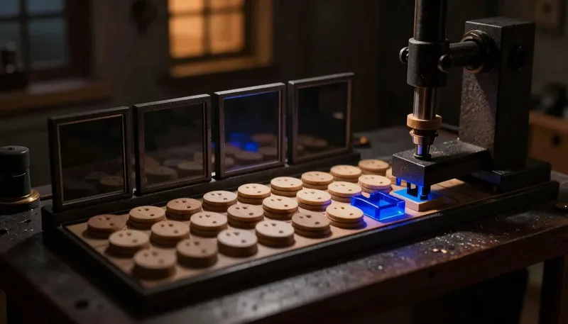 A miniature token press dropping stamped tokens into a slotted rack with one glowing blue token and slot, ranking embedding models by how well they match a query to its answer.