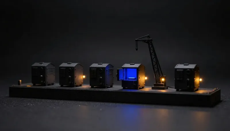 Miniature night diorama: a shelf row of small competing machine housings above a miniature tank battery, one open housing feeding blank field tickets along a cobalt rail