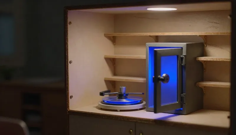 A miniature hospital records room shows a file carousel and a locked safe with their working mechanisms in glowing blue acrylic, standing for the compliance machinery healthcare software has to earn, not just claim.