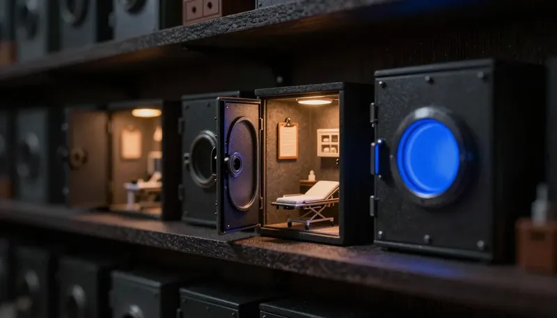 Miniature dark diorama of sealed vault-like housings on shelves, one open to a tiny clinic room, another with a glowing cobalt porthole