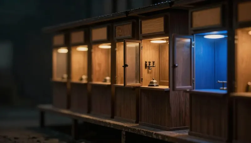 Miniature dark diorama of wooden kiosk cabinets in a row, one open with a tiny reception bell, one interior glowing cobalt blue