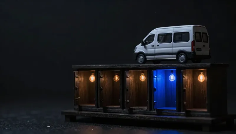 Miniature night diorama: a shelf of five small dark cabinets with doors ajar above a parked toy HVAC van, one doorway glowing cobalt.
