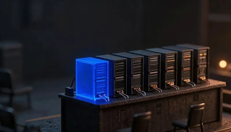 A row of miniature server cabinets on a judging bench in white board and birch, the front-runner built in glowing blue acrylic — comparing AI inference providers and the one that leads.