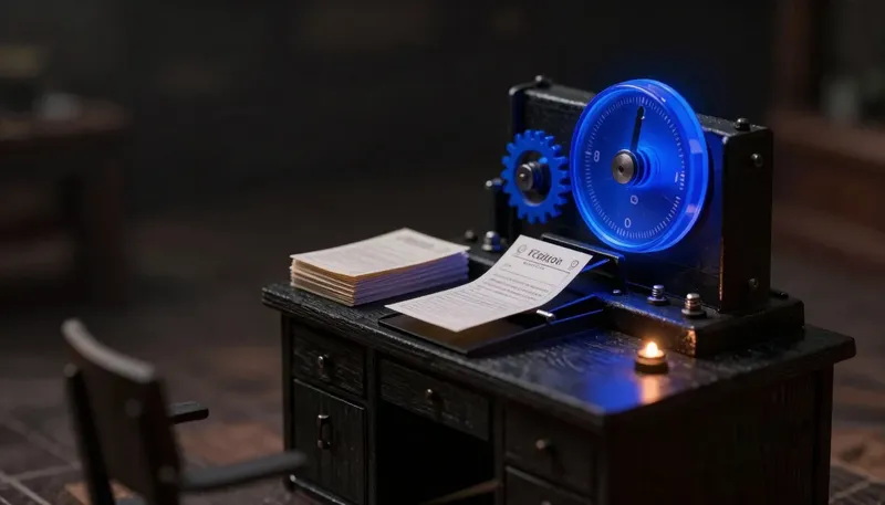 A miniature rating-engine dial in glowing blue acrylic sits on an actuarial desk with policy cards feeding in, one jammed at the output, showing how a wrong number in insurance software is a violation, not a bug.