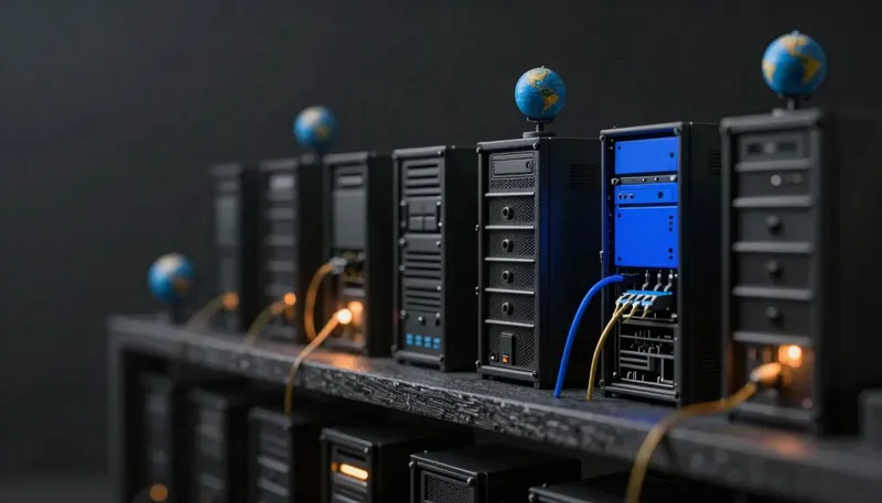Miniature dark diorama of a shelf of model server towers topped with small globes, one tower glowing cobalt blue