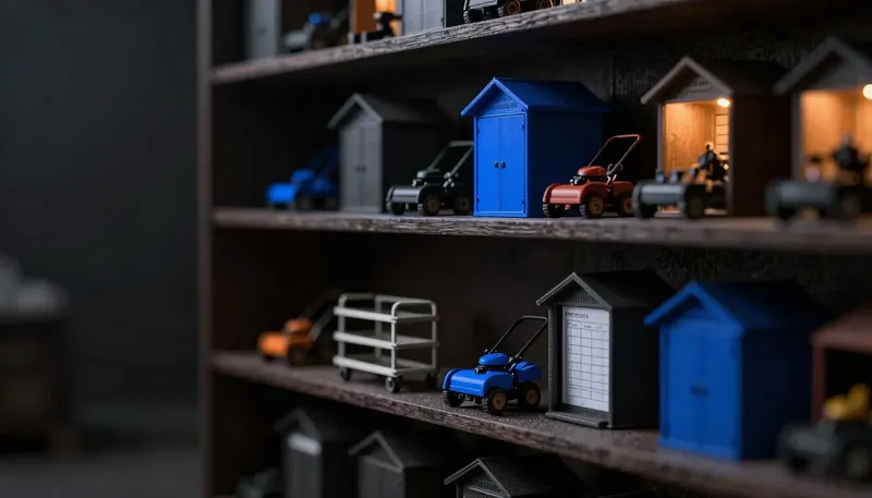 Miniature night diorama: a shelf row of small competing machine housings above miniature mowers and trailer racks, one open housing printing blank estimates on a cobalt rail